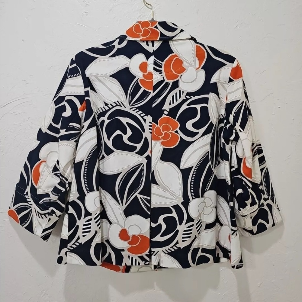 Chicos Sz. 1 Adelaide Jacket Button Front 3/4 Sleeve Floral Navy Orange Ivory